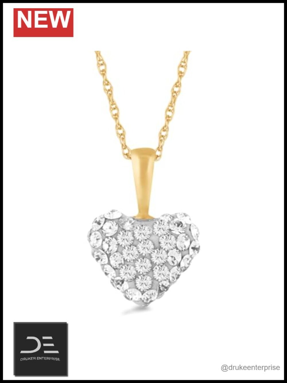 10K Yellow Gold Puffed Heart Necklace, Cubic Zirconia Pendant, 18 inch Rope